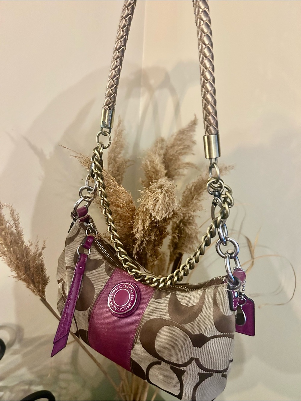 Coach Vintage Signature Canvas Shoulder Bag with Magenta Accents - Picture 12 of 16
